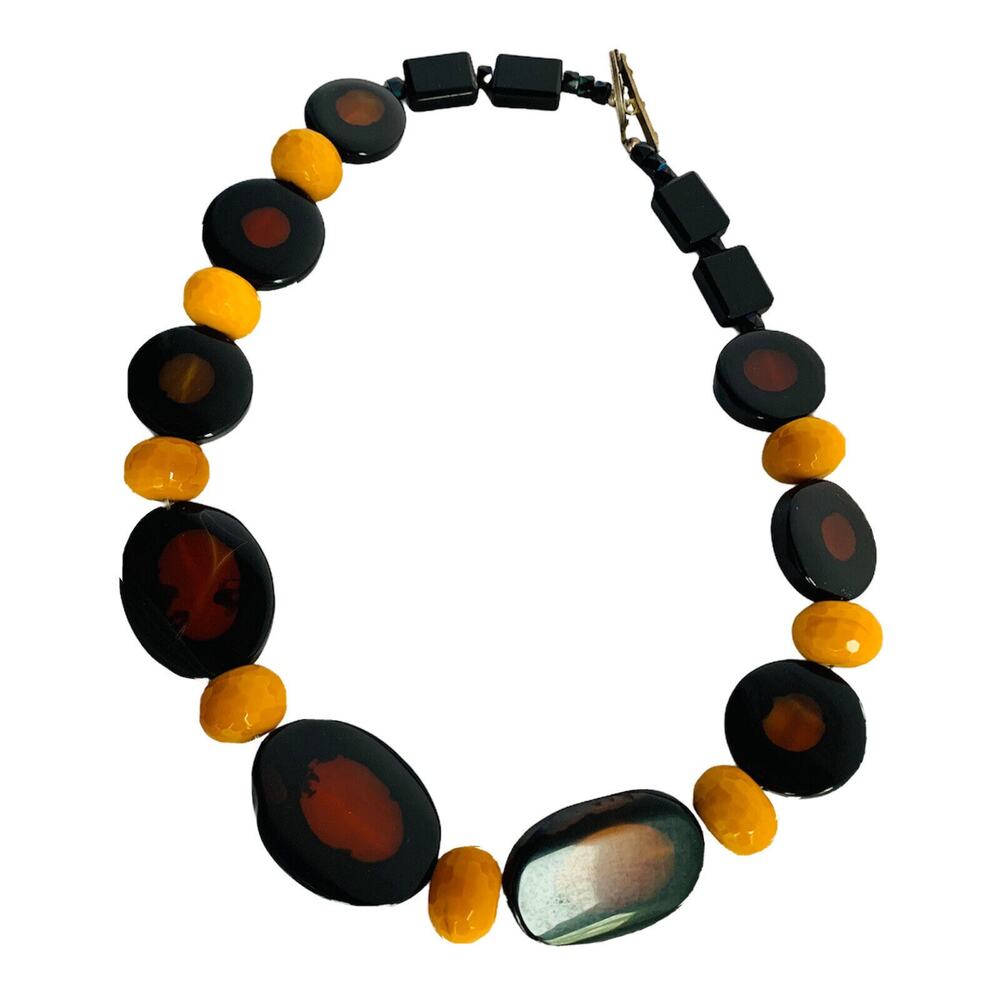Chunky Faux Amber and Goldtone Beaded Statement Necklace Toggle Clasp 18"‎